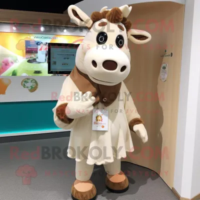Produktbild von Cremefarbenes REDBROKOLY Kuh Maskottchen aus Jersey mit Mantel und Schlüsselanhängern