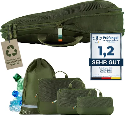 Produktbild von TRAVEL DUDE Packwürfel Set mit Kompression aus recycelten Plastikflaschen | Leichte Packing Cubes | Packtaschen Set (Wald Grün, 4-teilig)