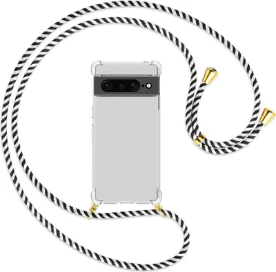 Produktbild von Handykette Backcover-Schutzhülle mit Band (Metall goldfarben) für Google Pixel 7 Pro - schwarz/weiß gestreift