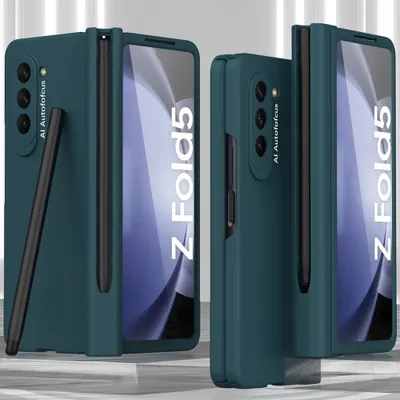 Two teal Samsung Galaxy Z Fold 5 phones with cases and pens are displayed side-by-side against a light gray background.