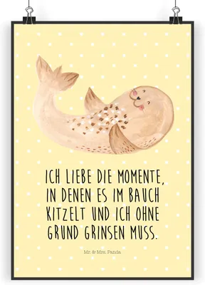 Produktbild von Mr. & Mrs. Panda Bild Robbe Liegen DIN A4 - Gelb Pastell - Geschenk, Deko, drucke, Nordsee, Lustige Sprüche, Meerestier, Wandbild, Ostsee, wanddeko, Strand, Seehund