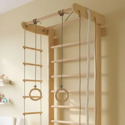 Produktbild von Sprossenwand Numi aus Holz + Turnringe + Strickleiter | Klettergerüst Kinderzimmer Spielplatz indoor