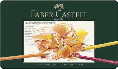 A Faber-Castell Polychromos coloured pencil tin with pencils in the foreground.
