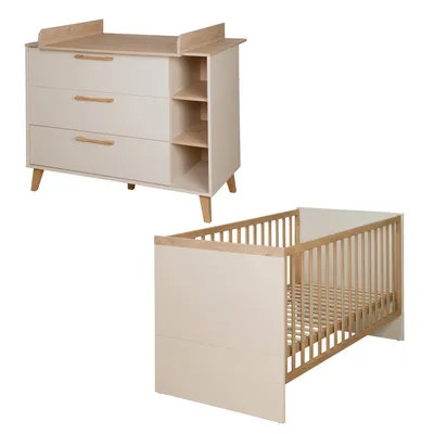 Produktbild von roba Babyzimmer Set Jil - 2-teiliges Set mit Kombi-Kinderbett 70x140cm + Wickelkommode mit abnehmbarem Wickelaufsatz - Cashmere / Holzdekor Chestnut
