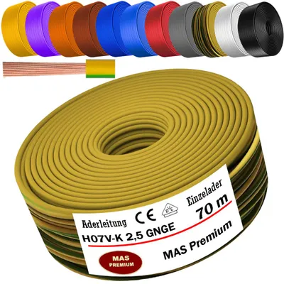 Immagine prodotto di Cavo di alimentazione da 70 metri, tipo H07 V-K, colore verde/giallo, con un conduttore da 2,5 mm², a filo singolo, flessibile