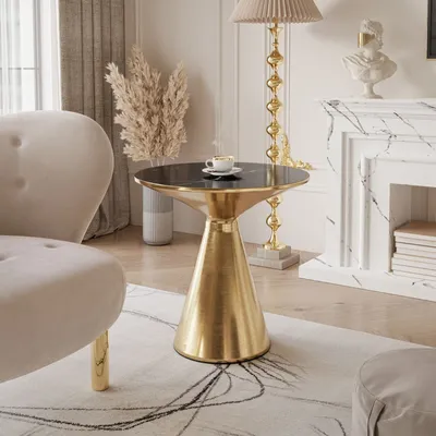 Produktbild von Runder Couchtisch CALEYA Gold / schwarzer glänzender Marmor