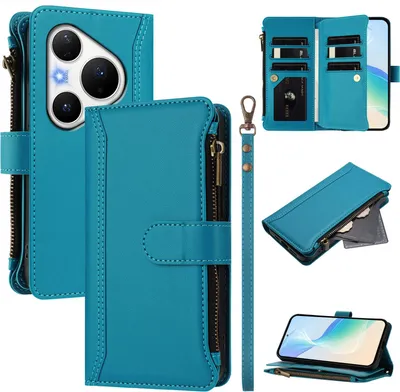 Image de Etui pour Huawei Pura 80 Pro/Pura 80 Pro+, zippé, étui portefeuille en cuirPolyuréthaneavec pochettes pour cartes, support et dragonne Bleu lac