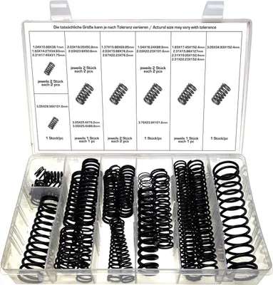 Immagine prodotto di Ampio assortimento di molle a spirale in acciaio e metallo, colore NERO, 29 pezzi