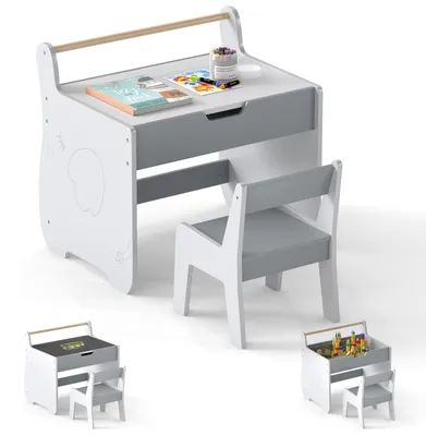 Produktbild von Kindertisch mit Stuhl, Abnehmbarer Kinderschreibtisch mit Stauraum, Kindersitzgruppe mit doppelseitiger Tafel, Kinder Tisch Stuhl Set, Grau, Weiß