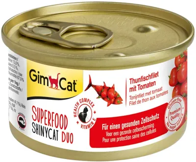 Produktbild von GimCat Superfood ShinyCat Duo Thunfischfilet mit Tomaten 70 g