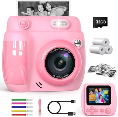Produktbild von Sofortbildkamera Kinder 1080P HD mit 2,4" Bildschirm, Fotos Drucken, 32GB Karte, 3 Rollen Druckpapier, Farbstifte, Geschenk für 3-12 Jahre