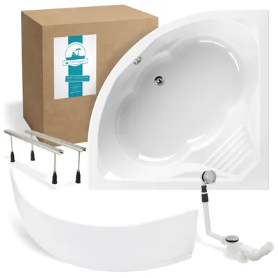 Produktbild von Calmwaters® Eckbadewanne Komplettset 150x150 cm Curved Wellness,  EU, 4in1 Acryl-Wanne mit Schürze, Wannenfüßen & Ablaufgarnitur, Duowanne mit integriertem Sitz, Eckwanne 150 x 150, Weiß