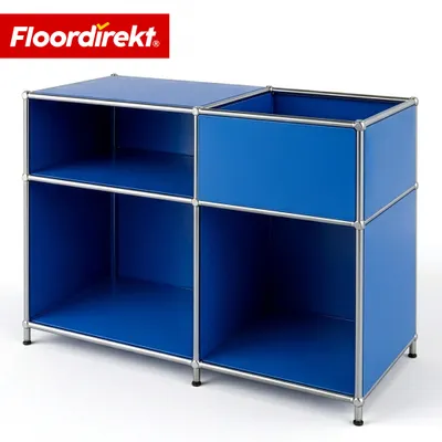 Immagine prodotto di Floordirekt Concept Epure MK-030 Scaffale in metallo, L88×P40×A65 cm, blu, credenza bassa con 3 ripiani e vano portaoggetti, struttura in metallo cromato