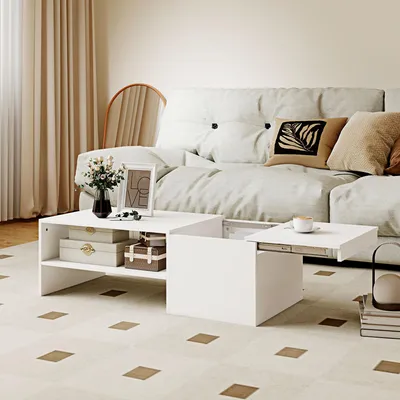 Zdjęcie produktu dla Stolik kawowy z wysuwanymi półkami, stolik do salonu z miejscem do przechowywania, stolik do salonu z płyty wiórowej, biały | 110 x 52 x 36 cm | 16,7 kg | Szyny metalowe