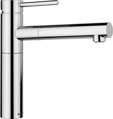 A studio shot of a chrome kitchen faucet against a white background.