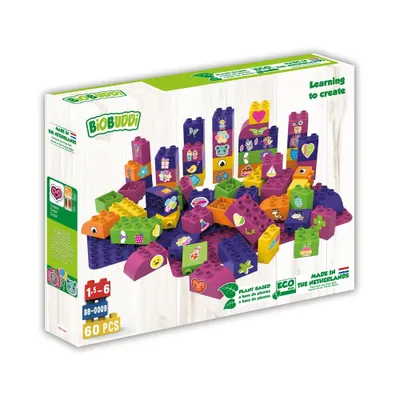 Produktbild von BiOBUDDi Bausteine-Set, 60 Stück, aus umweltfreundlichem Zuckerrohr-Kunststoff, mehrfarbig, 420 x 80 x 350 mm (Aufbaumaße), lehrreich, nachhaltig und recycelbar, kompatibel mit anderen Marken, 1,5-6 Jahre