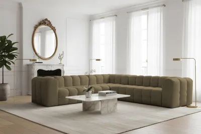 Produktbild von Ecksofa Designersofa SOLVIE in Stoff Moly Moosgrün Seite Universal