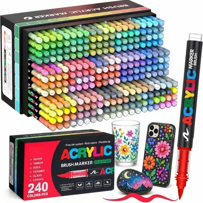 Produktbild von 240 Acrylstifte Set mit Pinselspitze für Stoff, Glas, Holz, Keramik