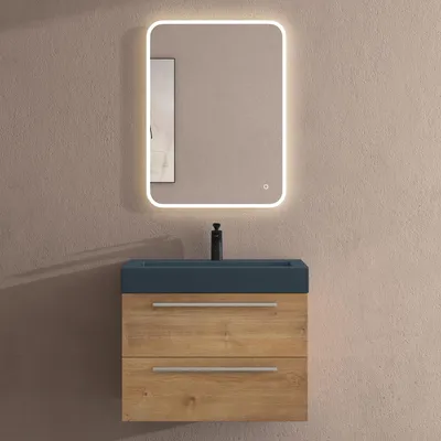 Produktbild von doporro Badmöbel-Set Waschbeckenunterschrank mit Soft-Close in Kerneiche 73x48x60cm Waschplatz komplett Set inkl. Mineralguss-Waschbecken in matt Anthrazit und Led-spiegel Quadratto