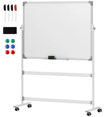 Zdjęcie produktu dla Mobilna tablica magnetyczna, obrotowa tablica suchościeralna 120x90 cm, tablica suchościeralna na stojaku, biała | Metalowa konstrukcja | 4 kółka z hamulcem | Obrotowa o 360°