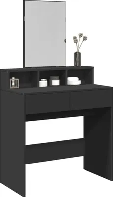 A black vanity table with a mirror and storage compartments.