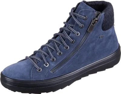 A single blue high-top sneaker with a zipper and laces, isolated on a white background.
