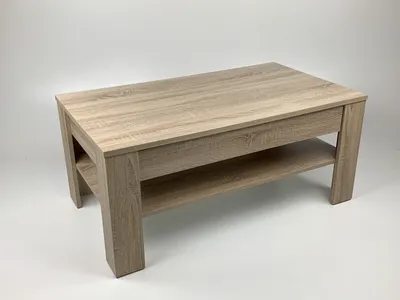 A light brown wooden coffee table with a shelf underneath, shown against a white background.