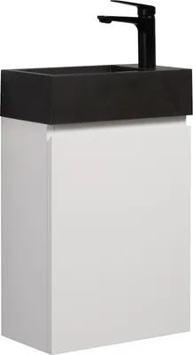 Produktbild von Badplaats Gäste-WC Waschtisch Set Angela 40 x 22 cm Weiß Matt - Platzsparend Badmöbel Set mit Schwarze Waschbecken und Unterschrank, Soft-Close