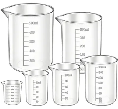 Zdjęcie produktu dla Zestaw miarek: 6 sztuk, pojemności: 30 ml, 50 ml, 100 ml, 150 ml, 250 ml, 500 ml, możliwość układania w stos