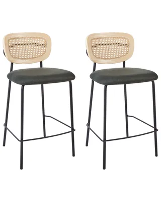 Produktbild von BELIANI Set aus 2 Barstühlen Dunkelgrün Polyesterpolsterung Naturrattan Wiener Geflecht Rückenlehne Schwarze Metallbeine Armlose Hocker