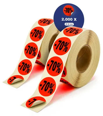 Aktionsetiketten -70%, 2.000 Stück, rot, rund, Ø 32 mm