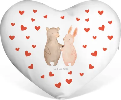 Produktbild von Mr. & Mrs. Panda Dekokissen Bär und Hase Umarmen - Weiß - Geschenk, Kuschelkissen, dekoartikel, Freunde, Liebeskissen, für Immer, Sofakissen, Freundin, Umarmung