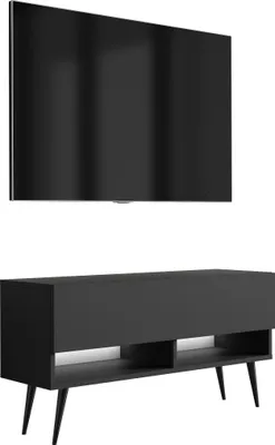 Produktbild von TV-Lowboard 100 cm Mattschwarz, schwarze schräge Beine, weiße LED, 100 × 32 × 52 cm