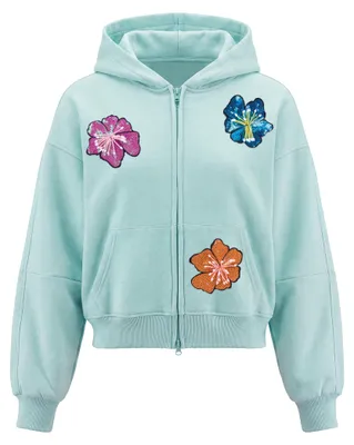 Produktbild von Blaue langärmelige Damen Bluse mit Kapuze, Reißverschluss und Taschen Größe S