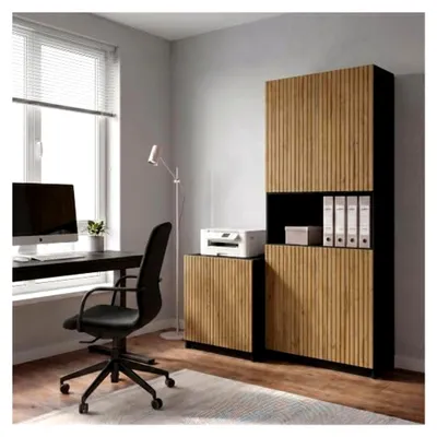 Produktbild von Druckerkommode Rivo, Aktenschrank mit 2 Fächern und 2 Türen in Weiß matt/Eiche geriffelt, (51 x 60,5 x 54 cm)