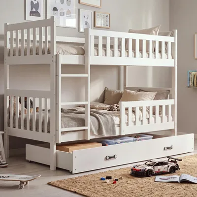 Produktbild von Interbeds Etagenbett Jakob 90x190 cm Weiß, massive Kiefer, erweiterbar in 2 Einzelbetten, mit Bettkasten / Schublade, Rausfallschutz & Lattenrost