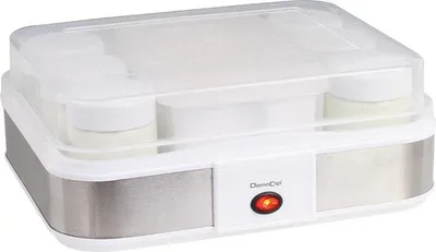 A yogurt maker with multiple jars inside, shown from a slightly elevated front-diagonal angle.