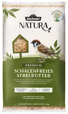 Produktbild von Dehner Natura Premium Wildvogelfutter, Streufutter schalenfrei, Ganzjahresfutter proteinreich / energiereich, hochwertiges Vogelfutter für Wildvögel, 10 kg