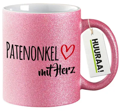 Produktbild von Huuraa Glitzertasse Patenonkel mit Herz 330ml Pink Keramik Kaffeebecher Geschenkidee