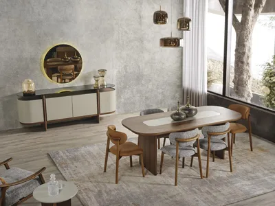 Immagine prodotto di Set per sala da pranzo, composto da: tavolo da pranzo, sedie (9 pezzi), in legno, colore marrone