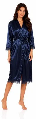 Produktbild von Damen Satin Morgenmantel lang mit Spitze – Kimono Bademantel aus 100 % Polyester, weich & glänzend Dunkelblau S