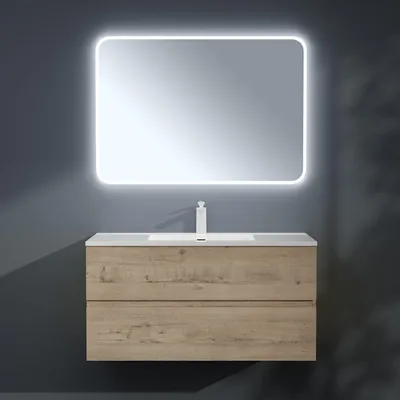 Produktbild von Mai & Mai Badmöbel-Set Waschbeckenunterschrank 100x48x56cm in Eiche Greige 2-Schubladen mit Soft-Close inkl. Waschbecken/LED-Badspiegel Aqualis