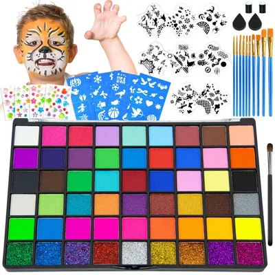 Produktbild von Gesichtsfarbe Kinderschminke Set,52 Farben Kinderschminken Set,Schminke Kinder mit 11 Pinsel,Gesichtsfarben Kinderschminken,Make Up Theaterschminke fuer Halloween Ostern Weihnachten Fasching Karneval,Grau