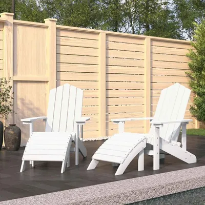 Produktbild von 2 Adirondack-Gartenstühle mit Hockern aus weißem, wetterfestem HDPE für Terrasse, Balkon und Außenbereich