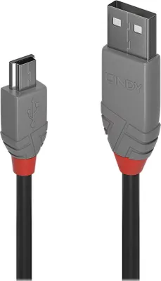 Produktbild von Lindy 36721, 0,5 m, USB A, Mini-USB B, USB 2.0, 0,48 Gbit/s, Schwarz, Grau