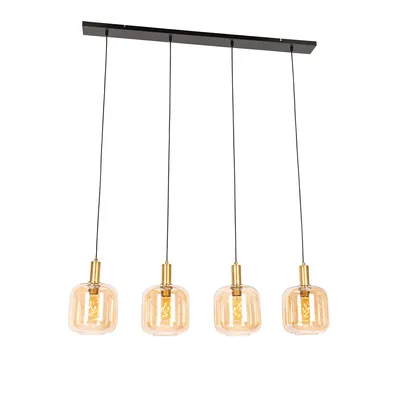Produktbild von QAZQA - Design Design-Hängelampe I Pendellampe I Pendelleuchte schwarz mit Messing und bernsteinfarbenem Glas, 4-flammig – Zuzanna I Wohnzimmer I Schlafzimmer - Länglich - LED geeignet E27