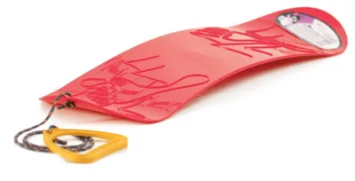 A red plastic sled with a yellow handle and rope, isolated on a white background.