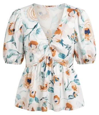 Produktbild von Damen Bluse mit grünem Blumendruck, V-Ausschnitt, Größe L