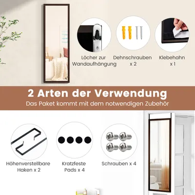 Produktbild von COSTWAY Wandspiegel Türspiegel Hängespiegel Ganzkörperspiegel mit höhenverstellbaren Hängehaken, Spiegel für Schlafzimmer, Wohnzimmer und Eingangsbereich 107x36,5cm Braun