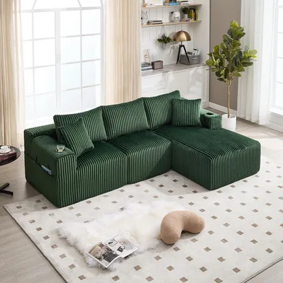 Image de MODFU Canapé Modulable en L avec Méridienne et 2 Places, Velours Côtelé, 5 Coussins, Poches Latérales et Porte-Gobelet - 257×90–160×62 cm - Vert